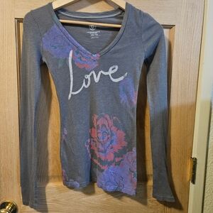 Xs American Eagle Gray Long Sleeve Top with Floral Design